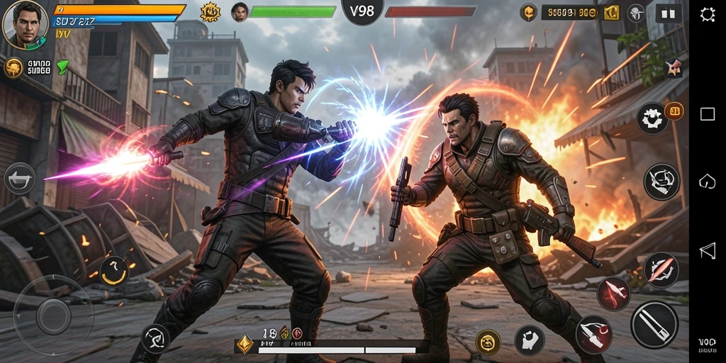 Tampilan gameplay intense V98 yang mengedepankan pertarungan seru.